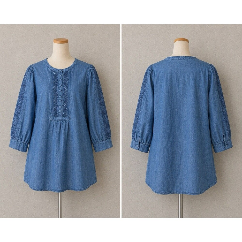 Chico's Embroidered Chambray Denim Tunic Top Boho  Lagenlook Blouse Size 1